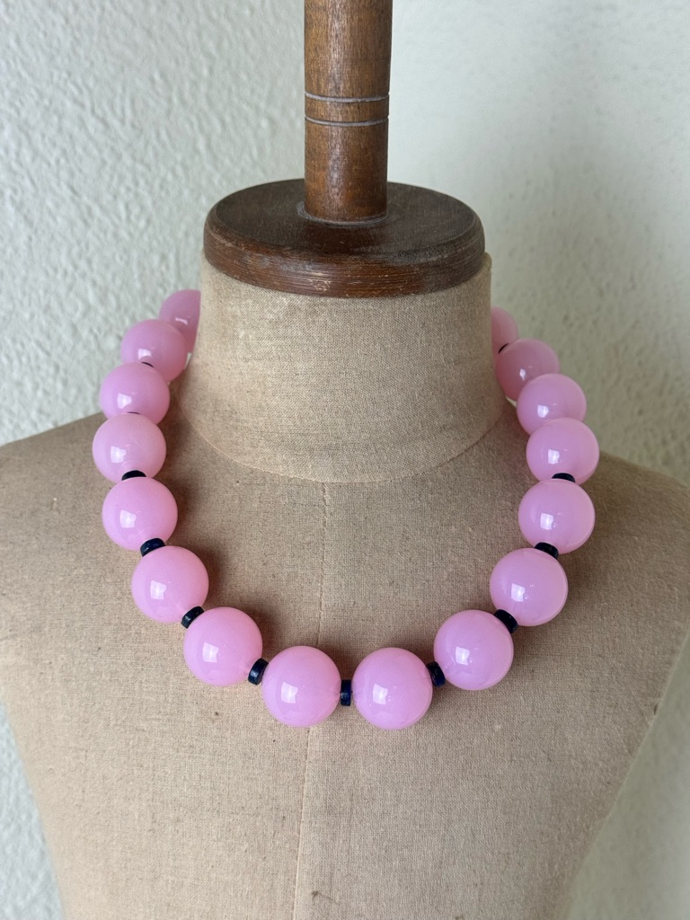 Pink Lucite Bead Statement Necklace Blue Stone Accents Silver Plated Clasp